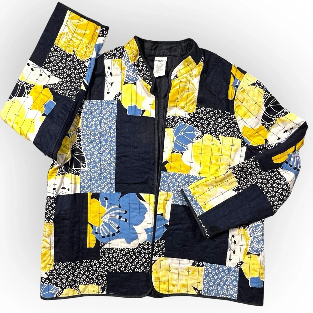 Quilted Open Lightweight Jacket Patchwork Mandarin Collar Petite 14P Yellow Blue